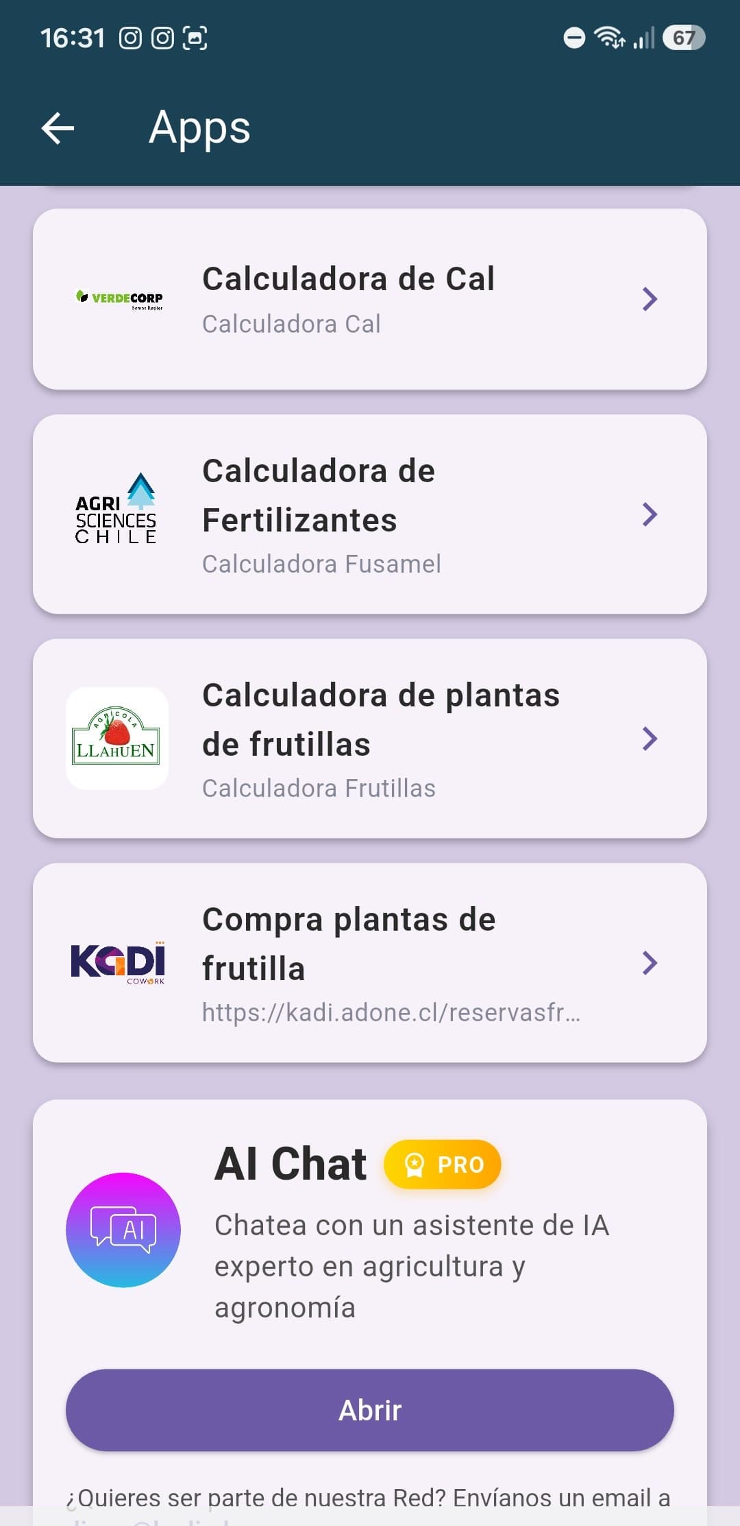 Listado de calculadoras de Fisaro: cal, fertilizantes, plantas de frutillas y acceso al AI Chat