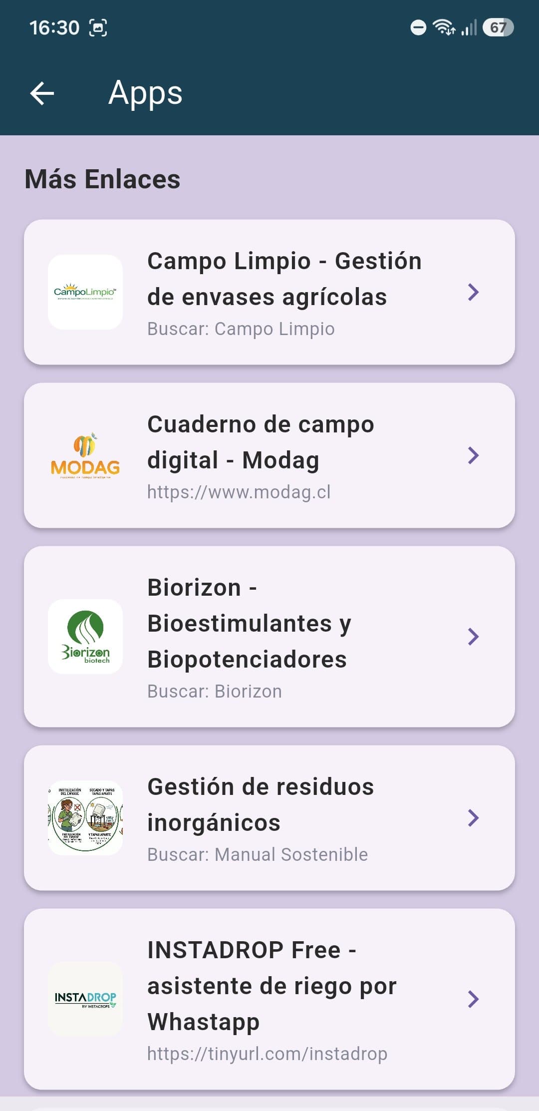 Sección Más Enlaces de Fisaro con accesos a Campo Limpio, Modag, Biorizon, gestión de residuos e Instadrop
