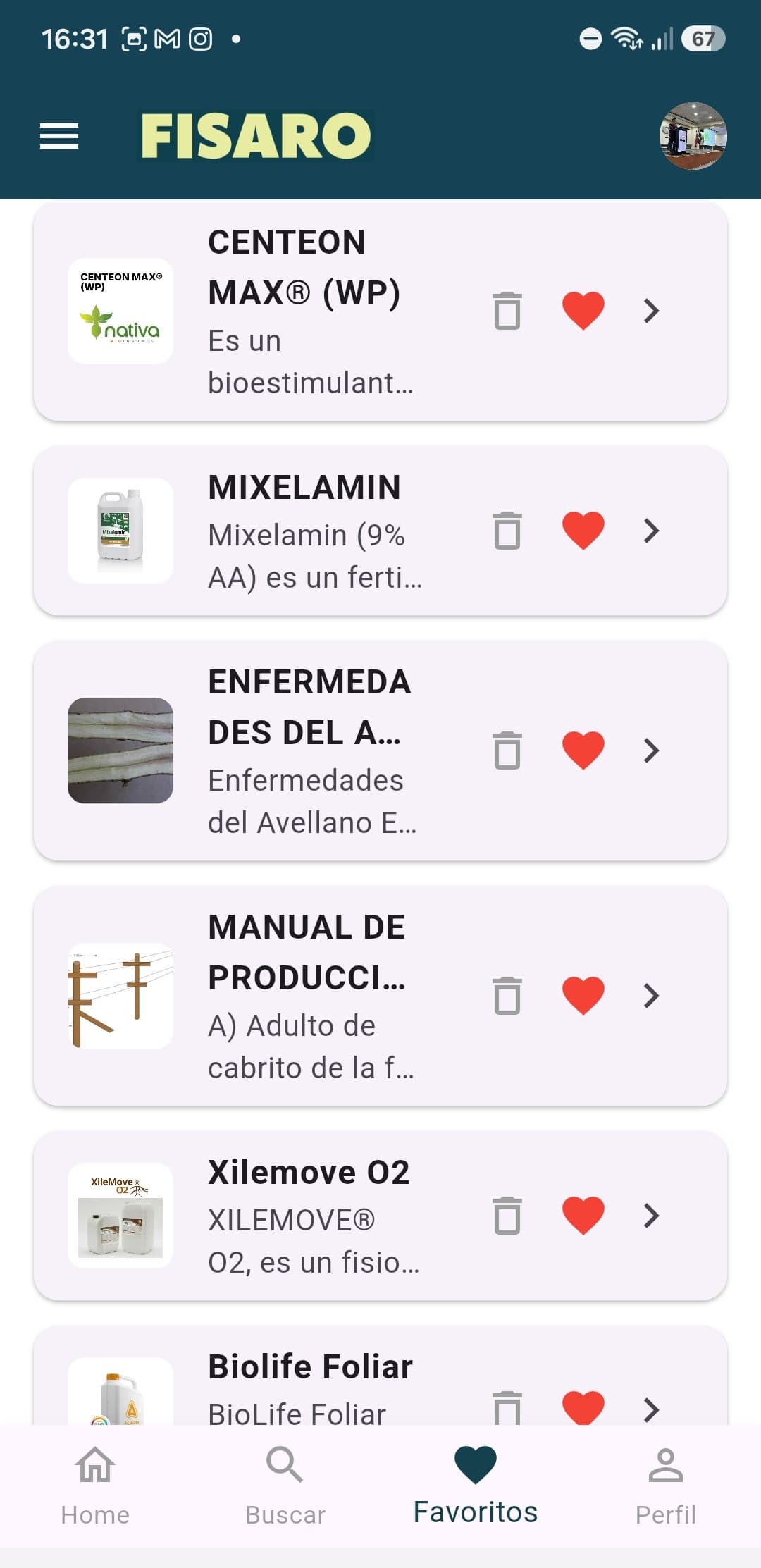 Lista de favoritos de Fisaro con productos como Centeon Max, Mixelamin y Xilemove O2