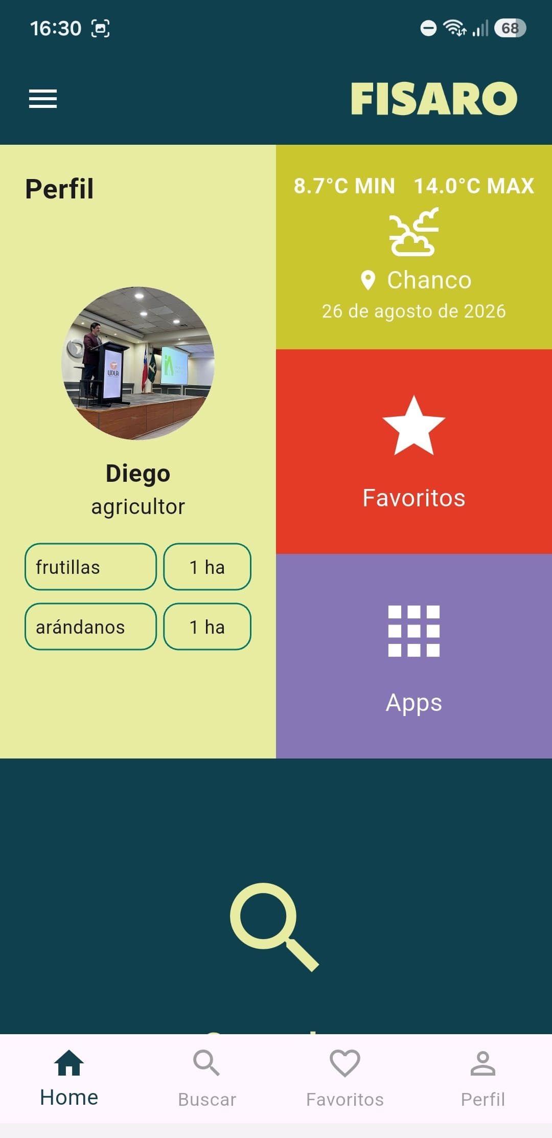 Pantalla de inicio de Fisaro con el perfil del agricultor, el clima de Chanco y accesos a Favoritos y Apps