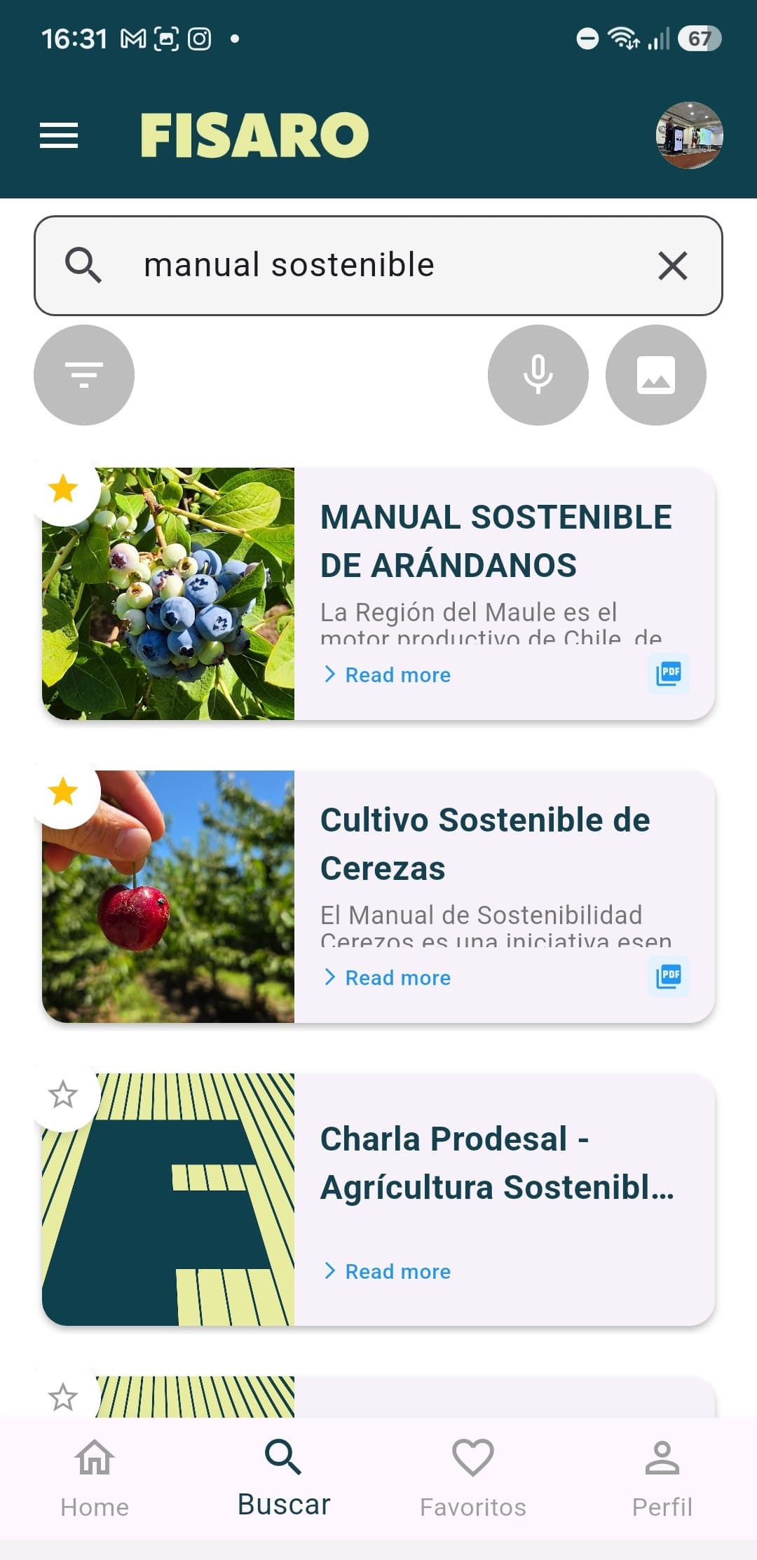 Resultados de búsqueda de manual sostenible mostrando manuales de arándanos y cerezas con archivos PDF